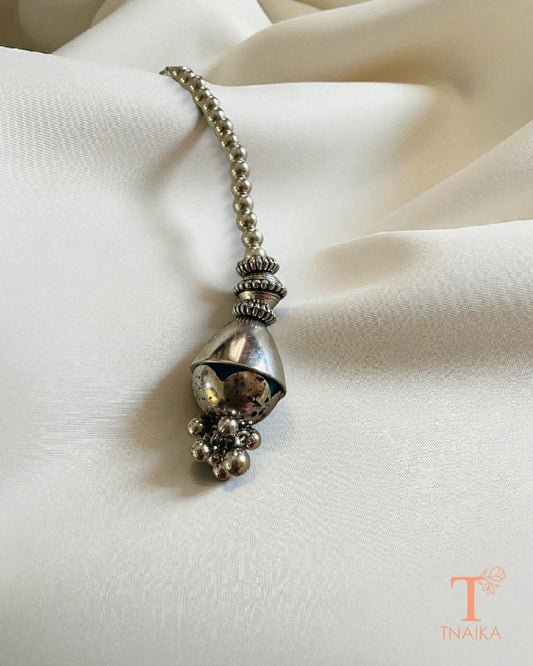 Oxidised silver maangtikka with beaded chain and traditional pendant