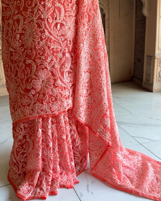 Lucknowi Chikankari saree with all-over floral embroidery