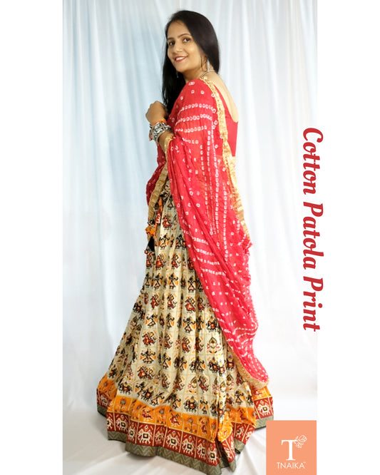 Elegant cotton Patola lehenga in vibrant colors, perfect for festive and wedding occasions