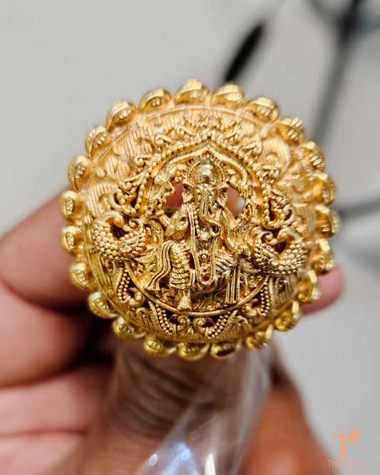 Temple jewelry ring, gold finish temple ring, antique gold ring, traditional temple ring, goddess motif ring, handcrafted temple jewelry, South Indian temple ring, gold-plated ethnic ring