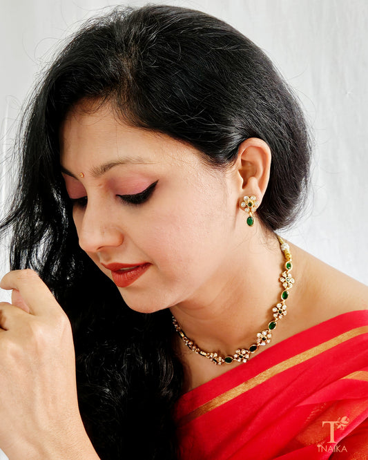 Temple jewelry stone choker set
Traditional temple jewelry set
South Indian temple choker
Antique gold bridal necklace
Stone-embellished temple jewelry
Wedding choker set
Temple jewelry choker for women
Traditional stone necklace set