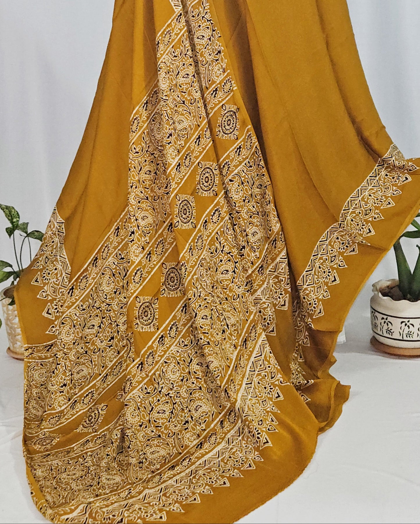 Modal Ajrakh Handblocked Saree - Mustard