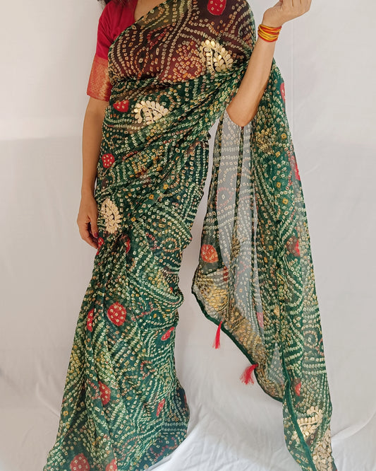 georgette bandhani saree, bandhani saree with gotta patti, festive saree, wedding bandhani saree, gotta patti saree, traditional bandhani, designer bandhani saree, lightweight bandhani saree, Rajasthani bandhani saree, party wear saree, tie-dye bandhani, handcrafted bandhani saree