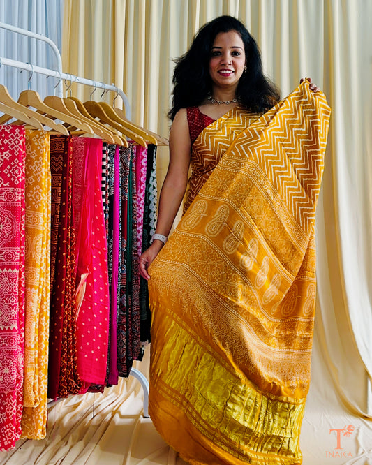 Modal Silk Ajrakh Leher Saree - Yellow