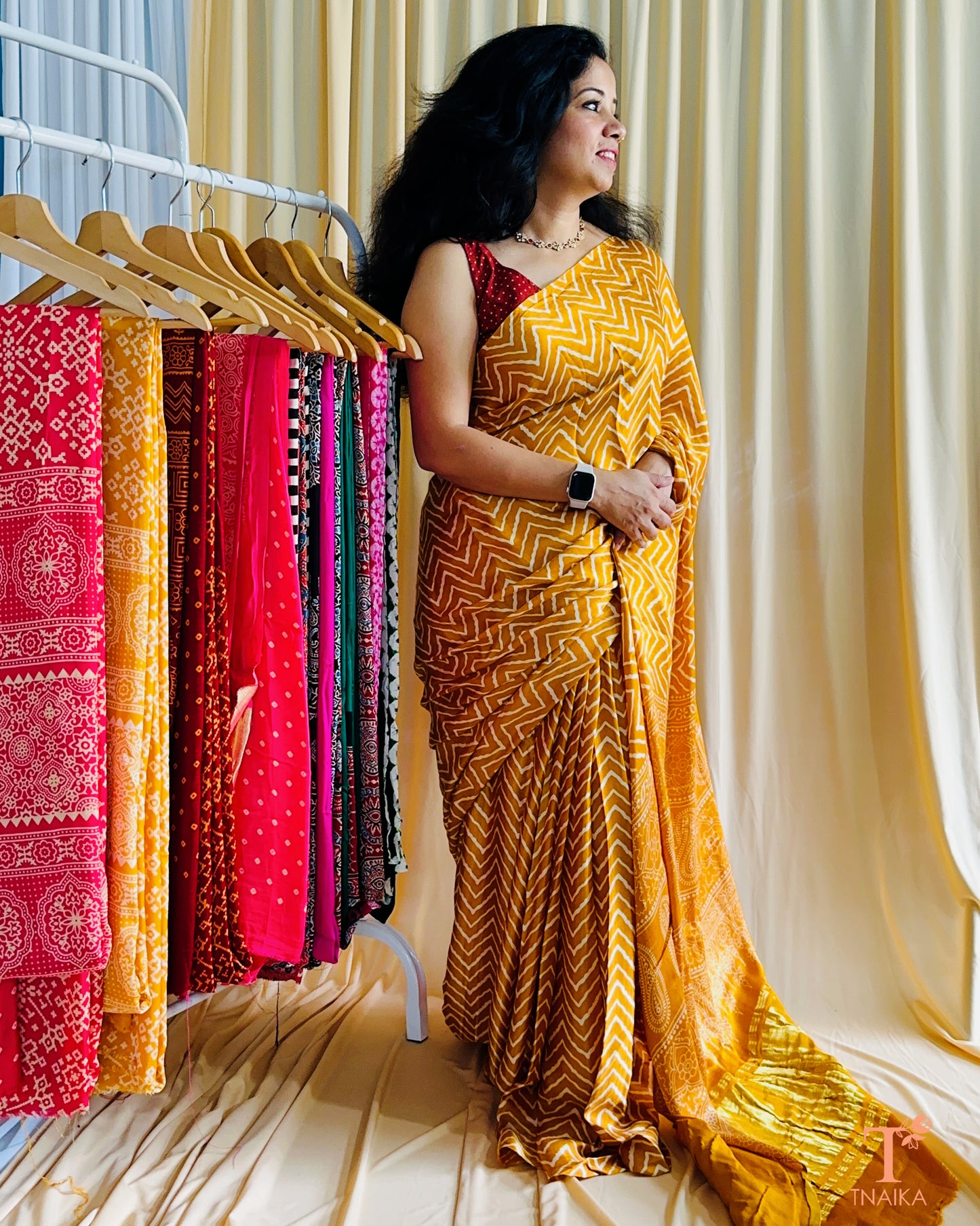 Modal Silk Ajrakh Leher Saree - Yellow