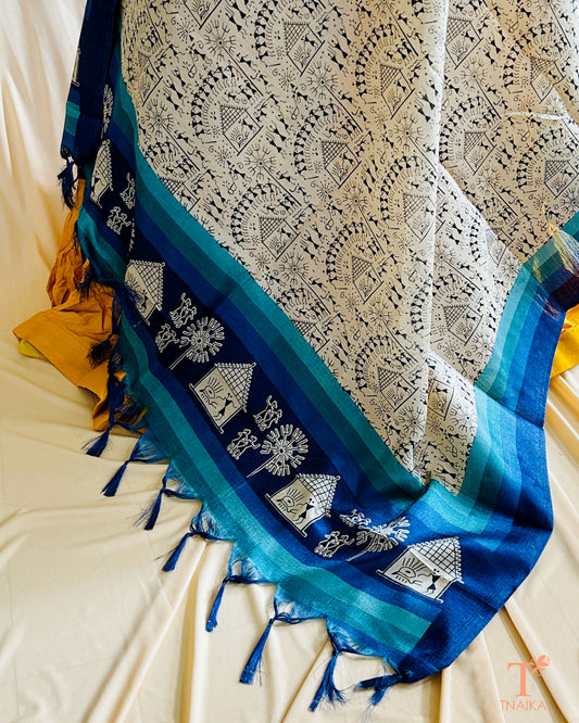 Traditional Warli design dupatta with intricate cultural patterns on soft fabric.