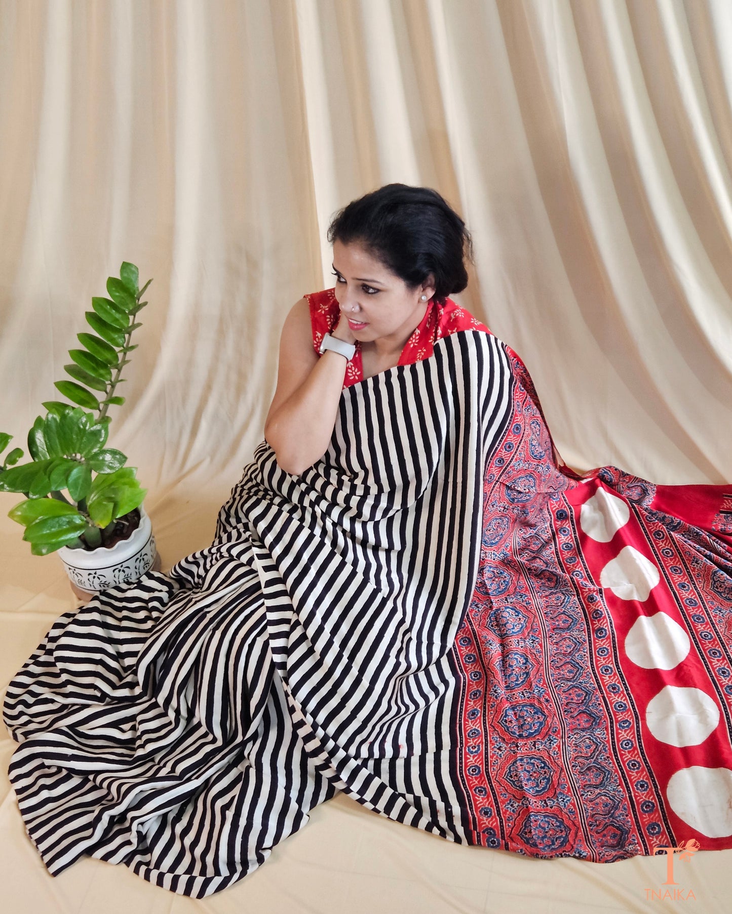 Ajrakh Aura Striped Modal Silk Saree