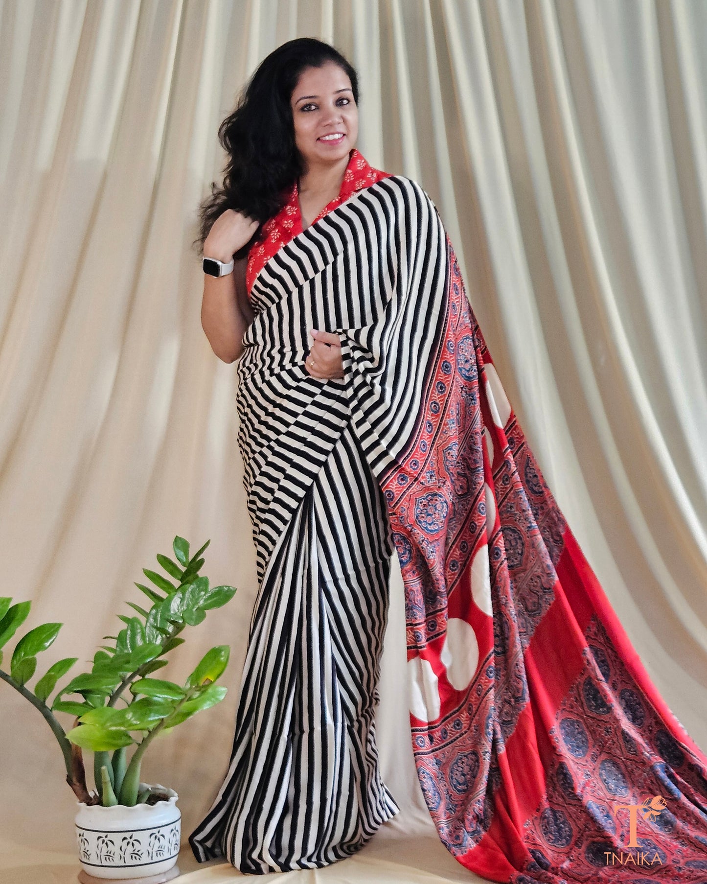 Ajrakh Aura Striped Modal Silk Saree