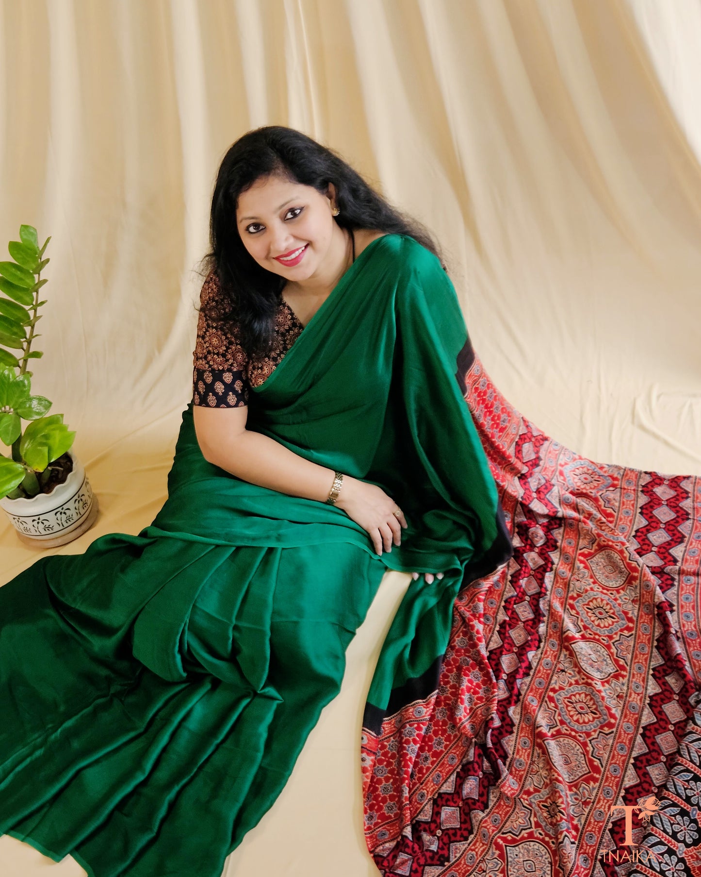 Modal Ajrakh Handblocked Kaashi Saree - Green