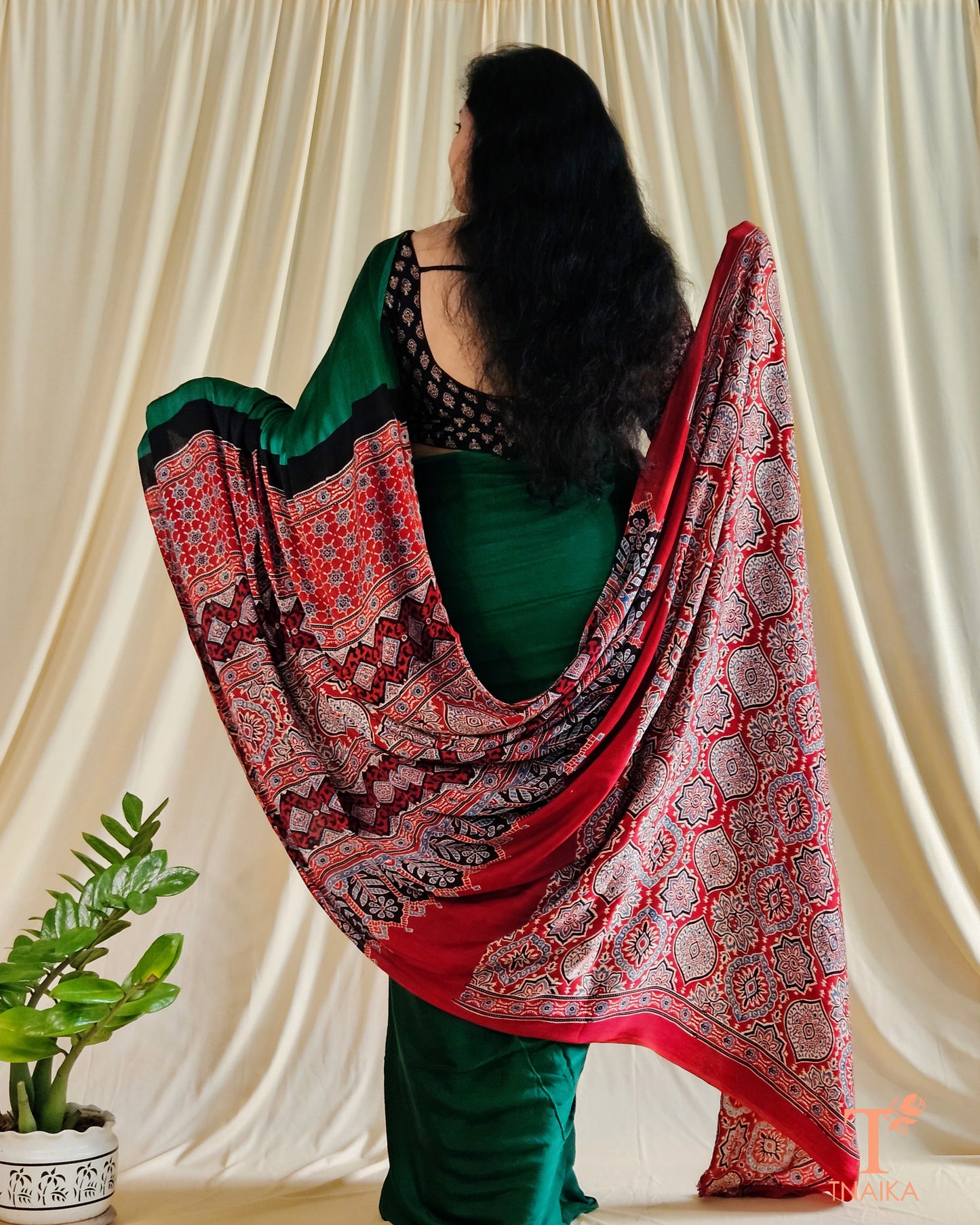 Modal Ajrakh Handblocked Kaashi Saree - Green