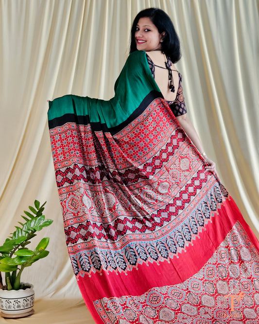 Modal Ajrakh Handblocked Kaashi Saree - Green