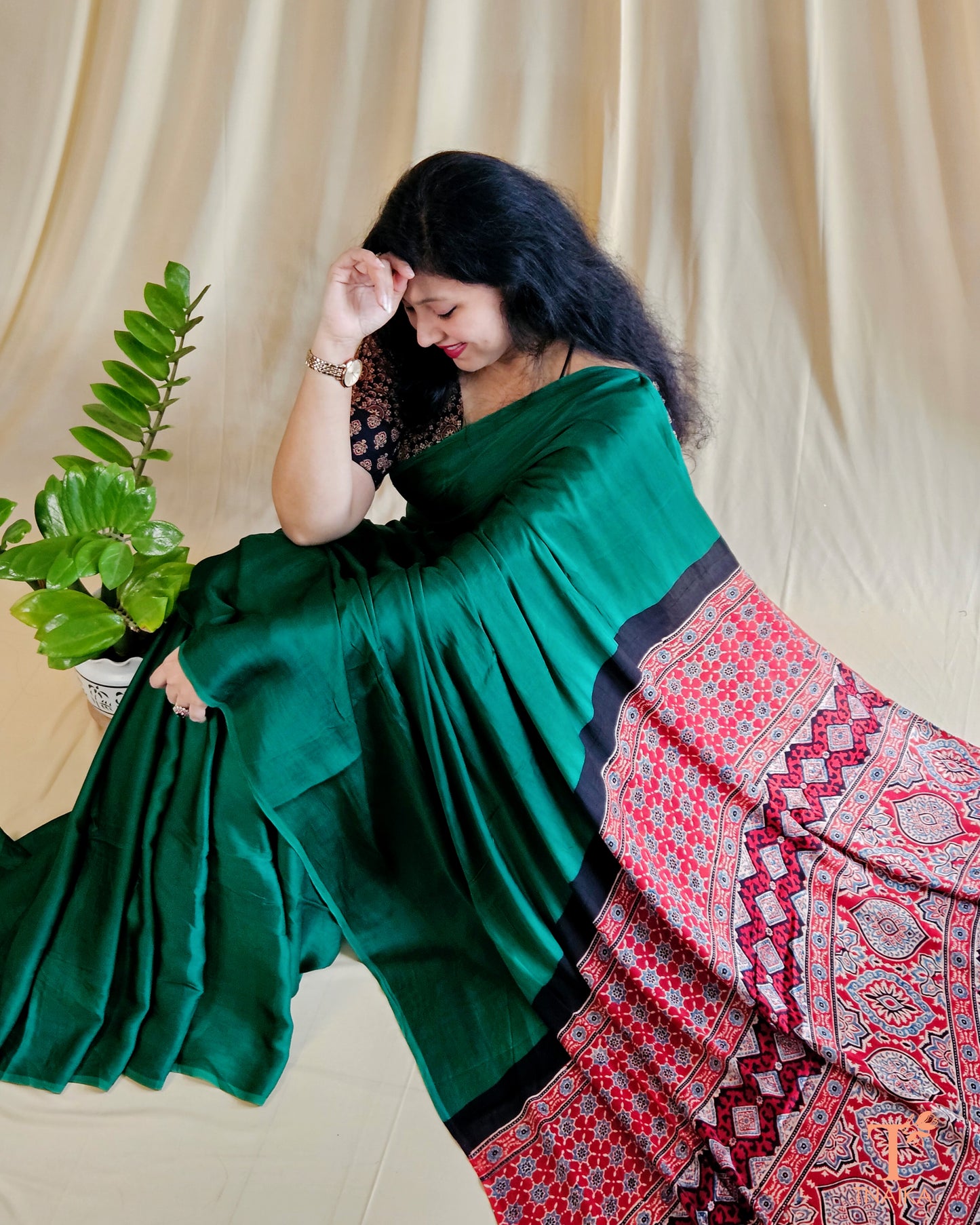 Modal Ajrakh Handblocked Kaashi Saree - Green