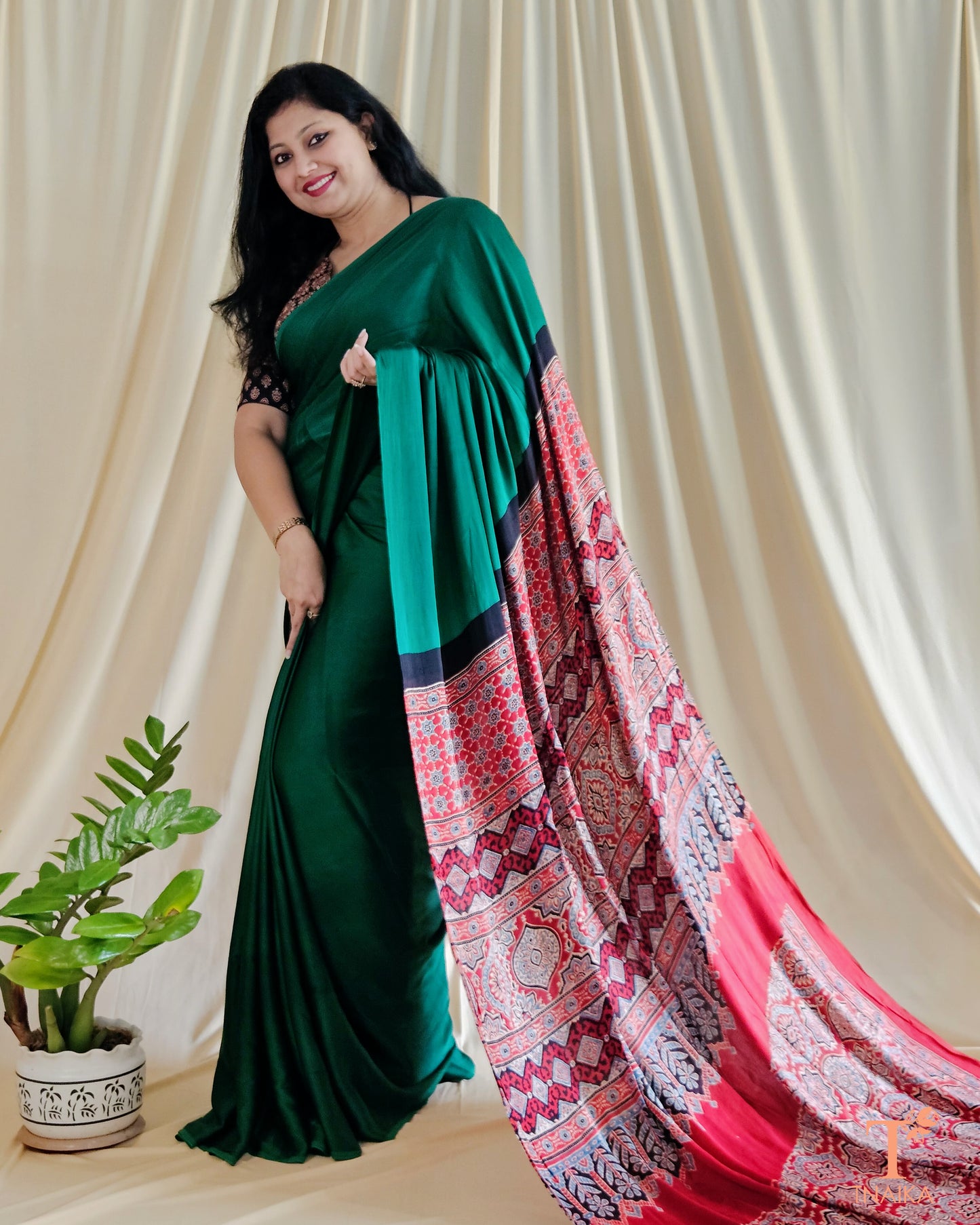 Modal Ajrakh Handblocked Kaashi Saree - Green