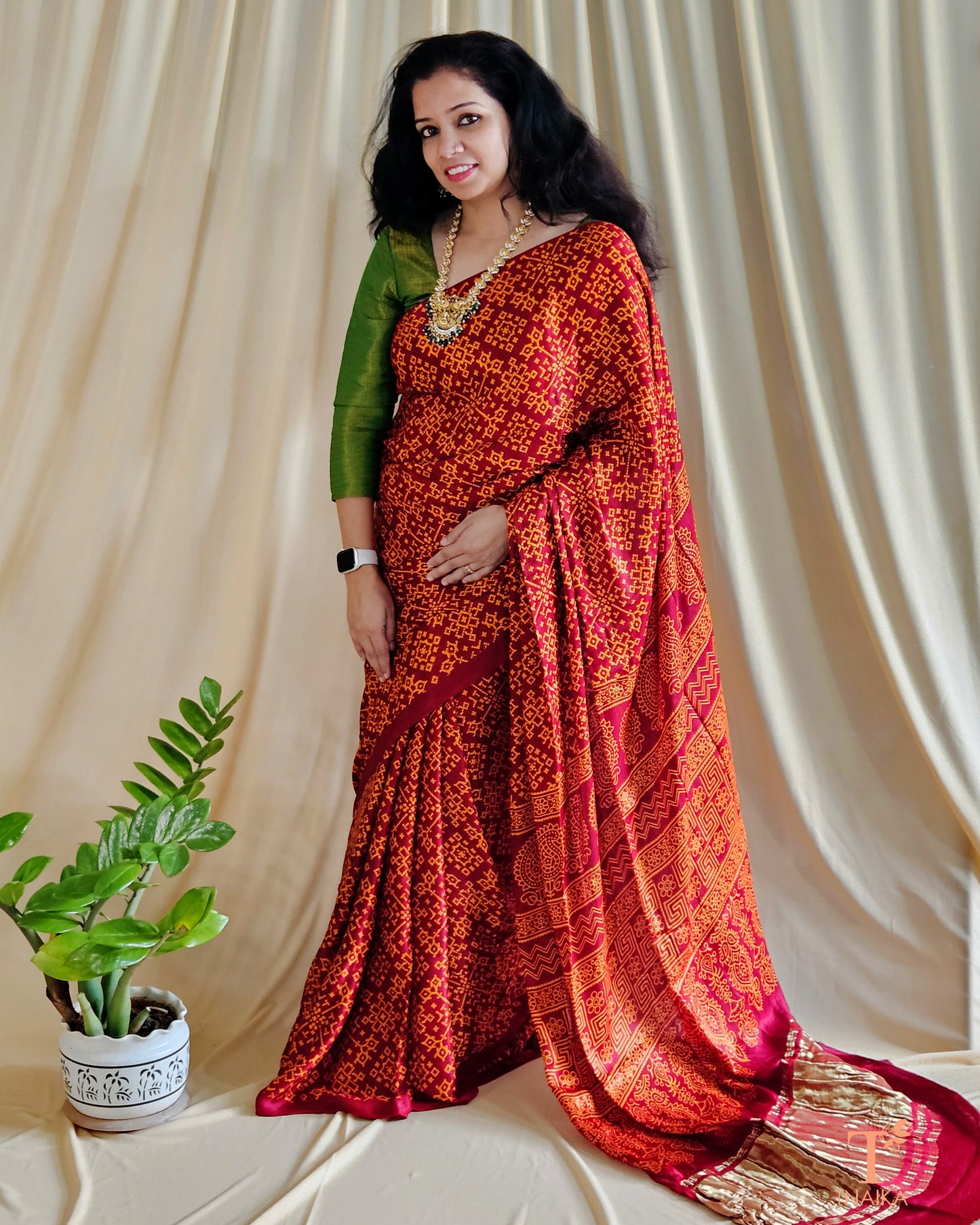Modal Silk Rang Patta Patola Saree - Brick Red