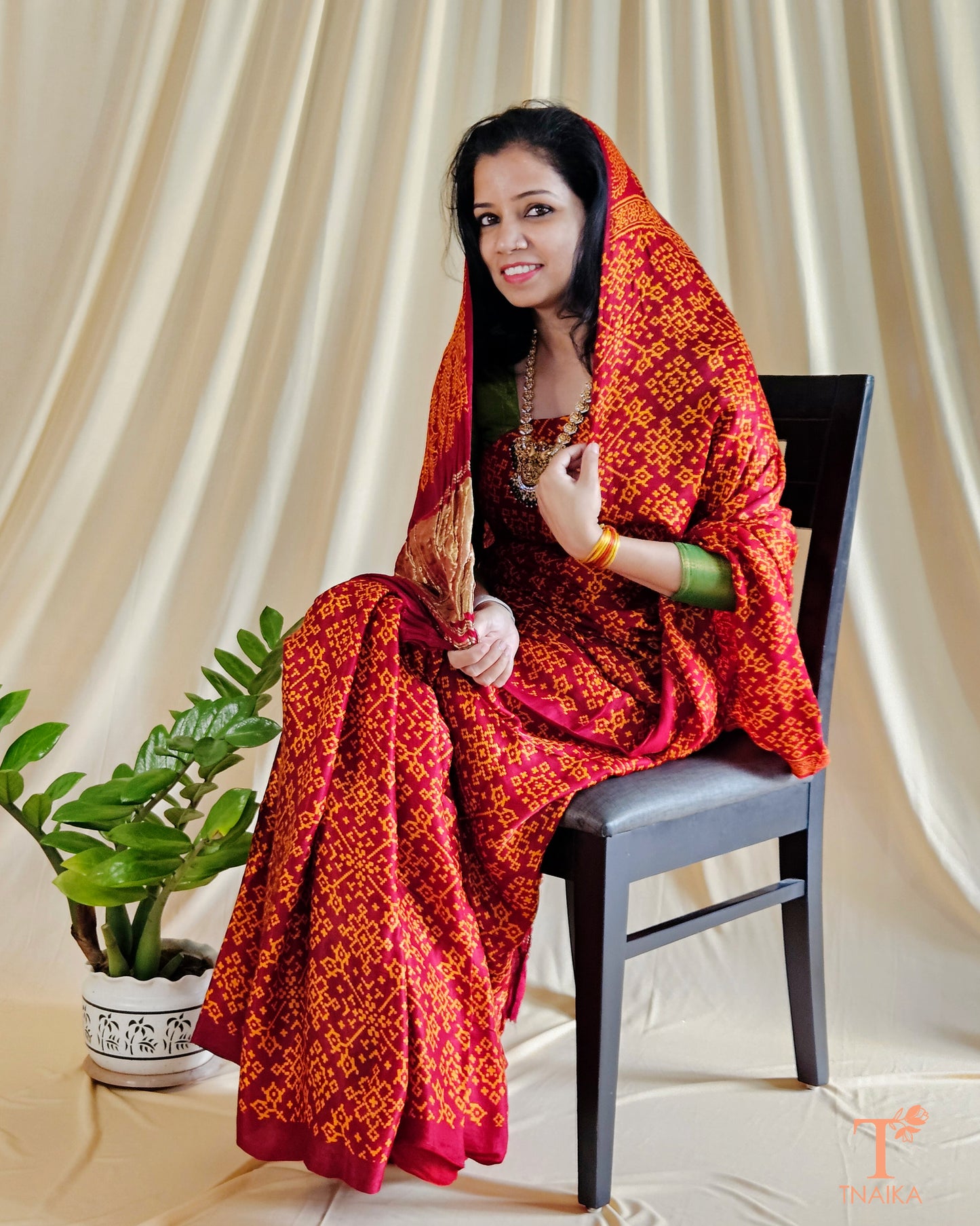 Modal Silk Rang Patta Patola Saree - Brick Red