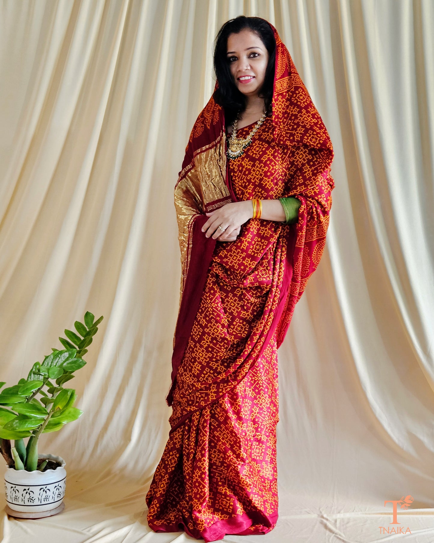 Modal Silk Rang Patta Patola Saree - Brick Red