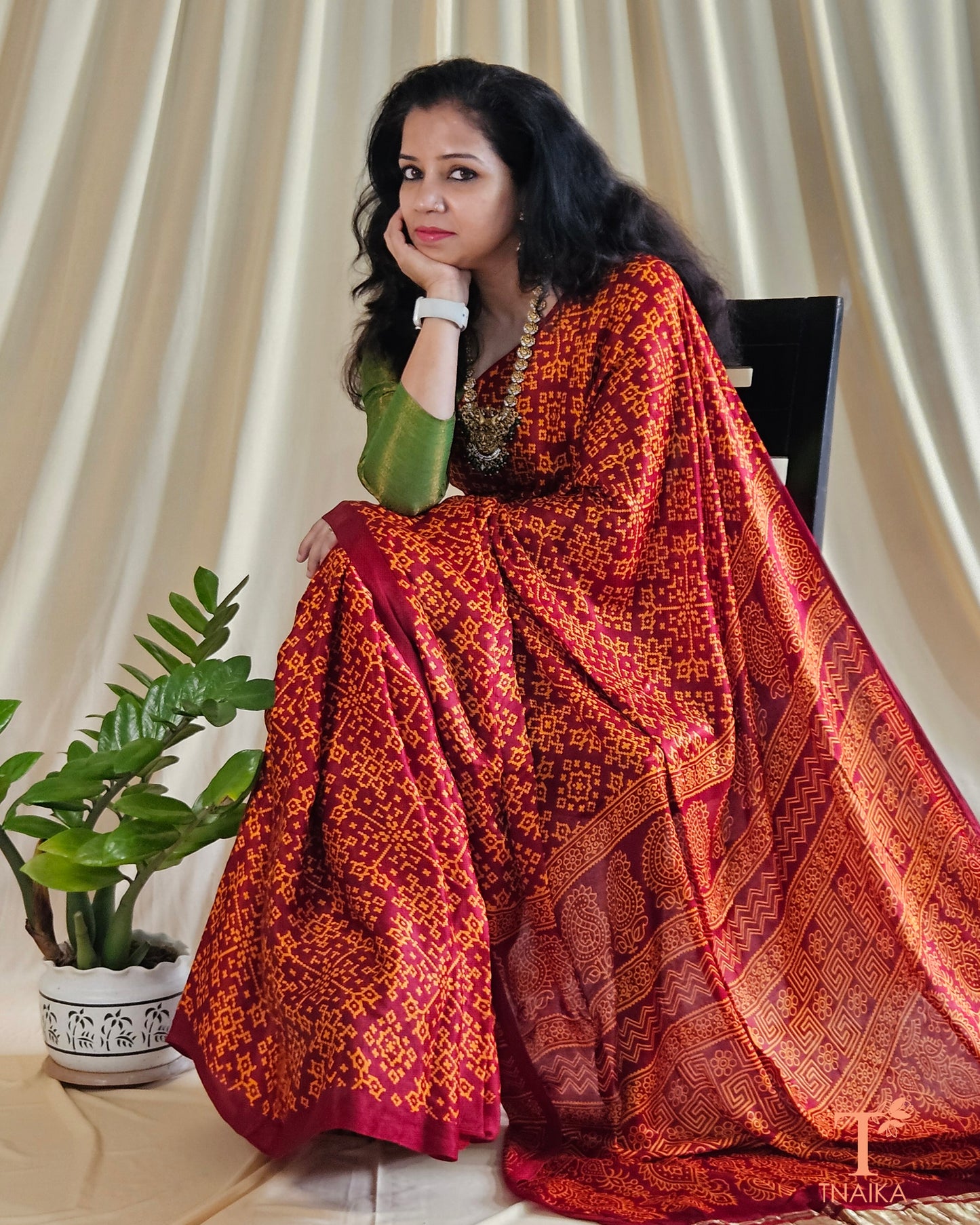 Modal Silk Rang Patta Patola Saree - Brick Red