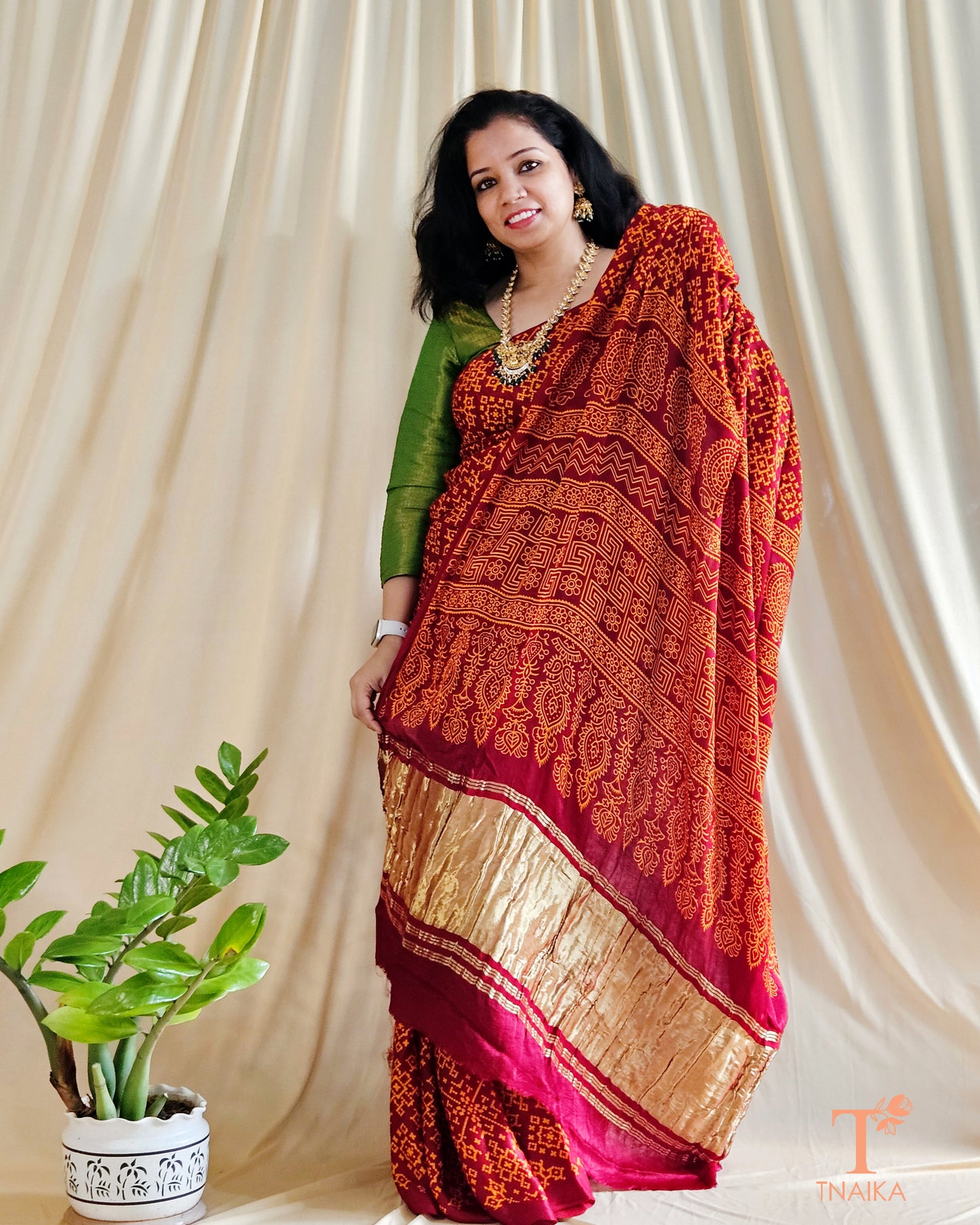 Modal Silk Rang Patta Patola Saree - Brick Red