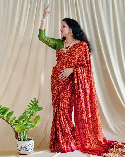 Modal Silk Rang Patta Patola Saree - Brick Red