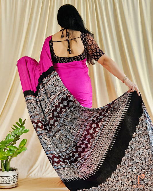 Modal Ajrakh Handblocked Kaashi Saree - Rani Pink