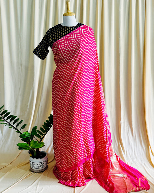 Modal Silk Ajrakh Leher Saree - Rani Pink