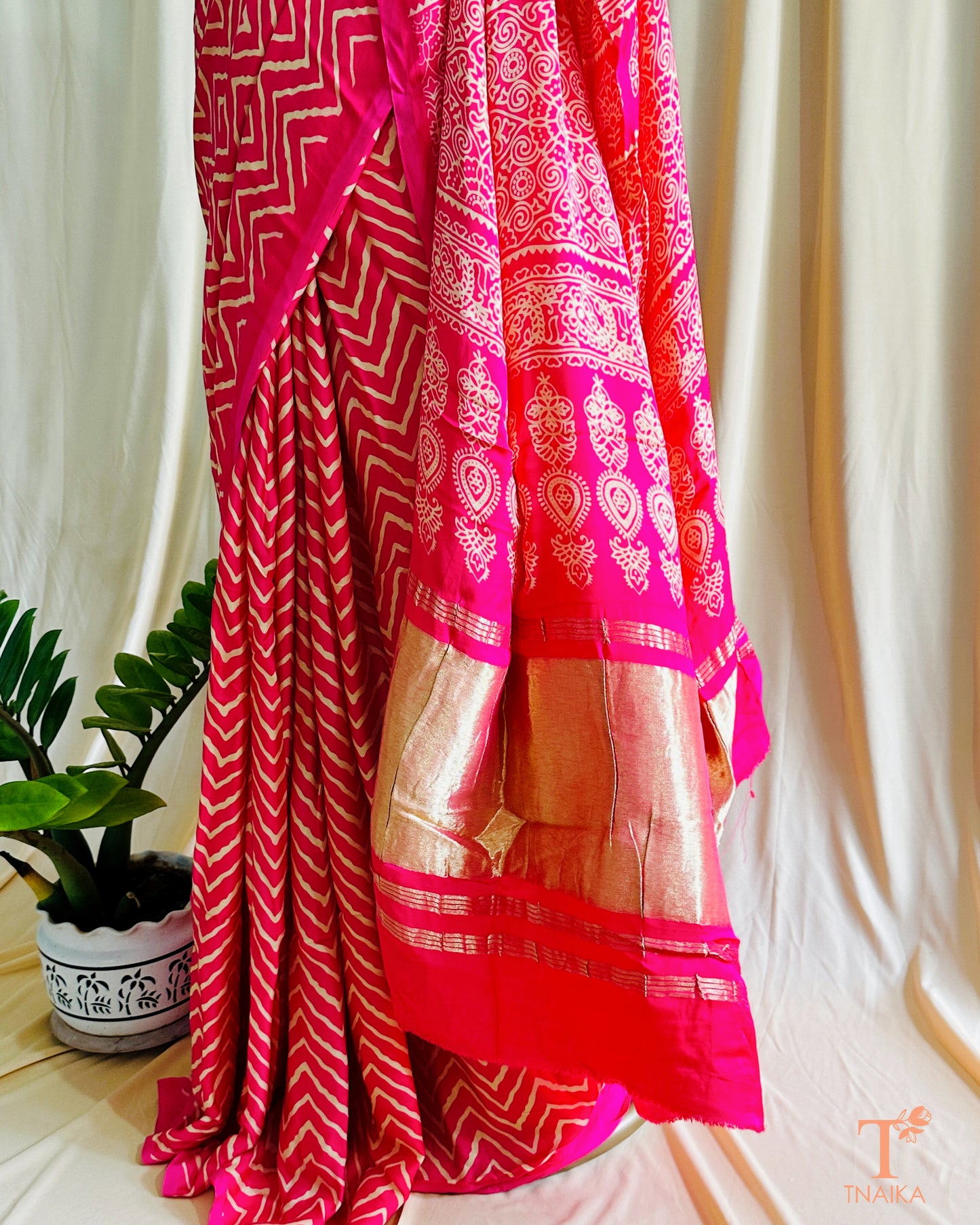 Modal Silk Ajrakh Leher Saree - Rani Pink