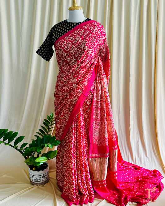 Modal Silk Rang Patta Patola Saree - Rani Pink
