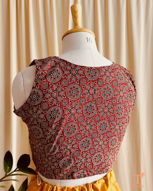 Ajrakh block print cotton blouse in earthy tones for ethnic wear