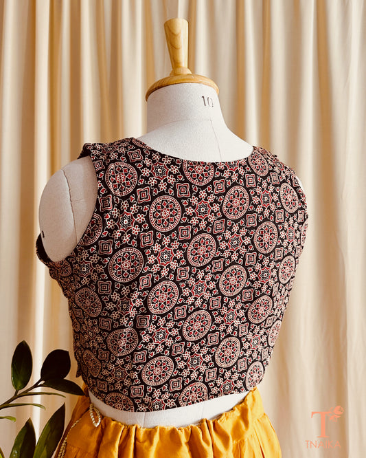 Ajrakh block print cotton blouse in earthy tones for ethnic wear