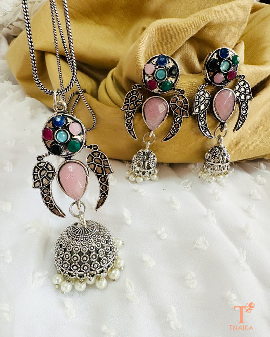 Oxidized Rustic Glow Pendant Necklace Set - Pink