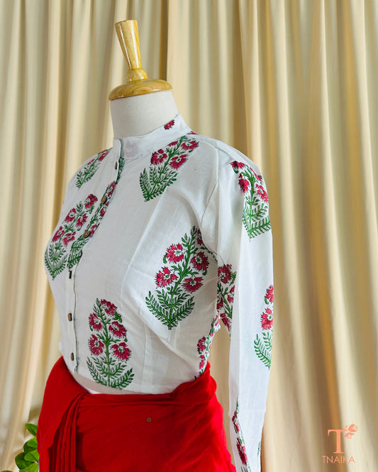 Ethnic cotton blouse featuring Chinese collar and handcrafted motifs