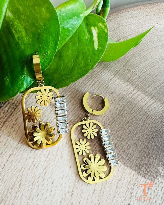 Gold stainless steel floral earrings with zirconia stones