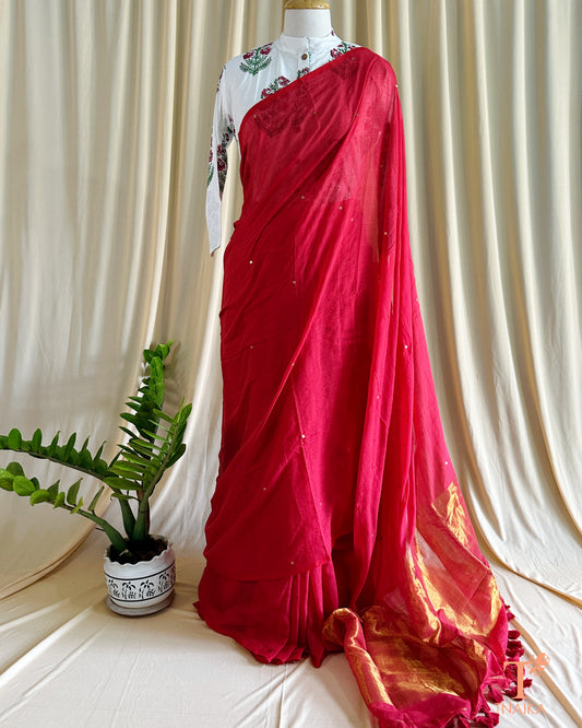 Classic handwoven cotton saree in black with earthy brown border and matching contrast blouse