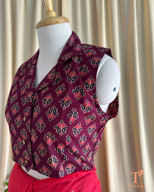 Elegant handblock printed blouse in wine shade, versatile ethnic wear for festive and casual styling