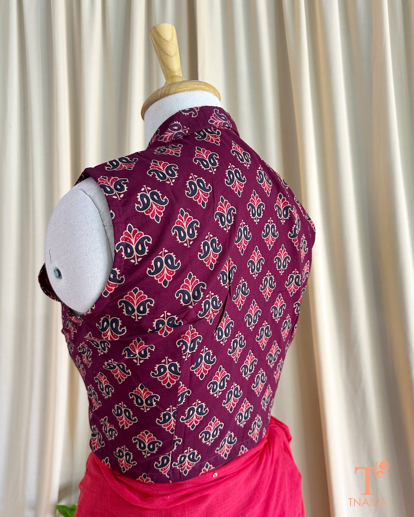 Artisan-crafted wine handblocked blouse featuring timeless prints and classic ethnic design