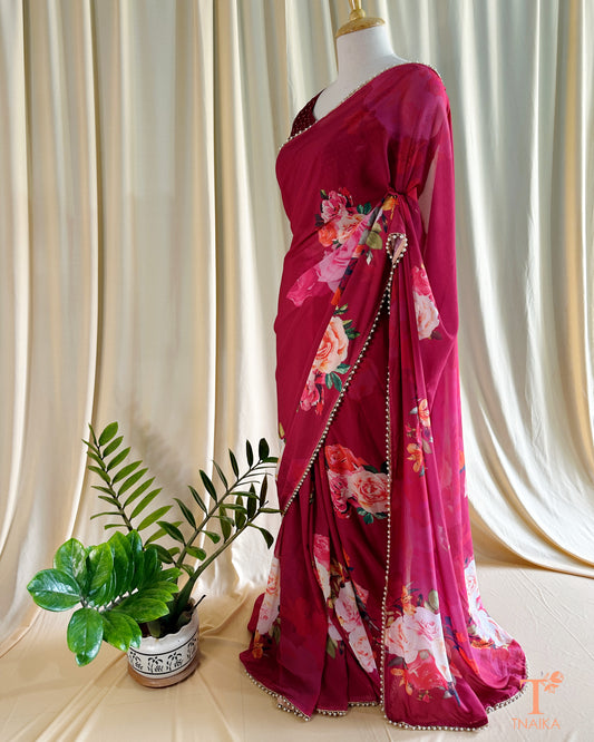 Georgette Pearl Bloom Saree - Wine