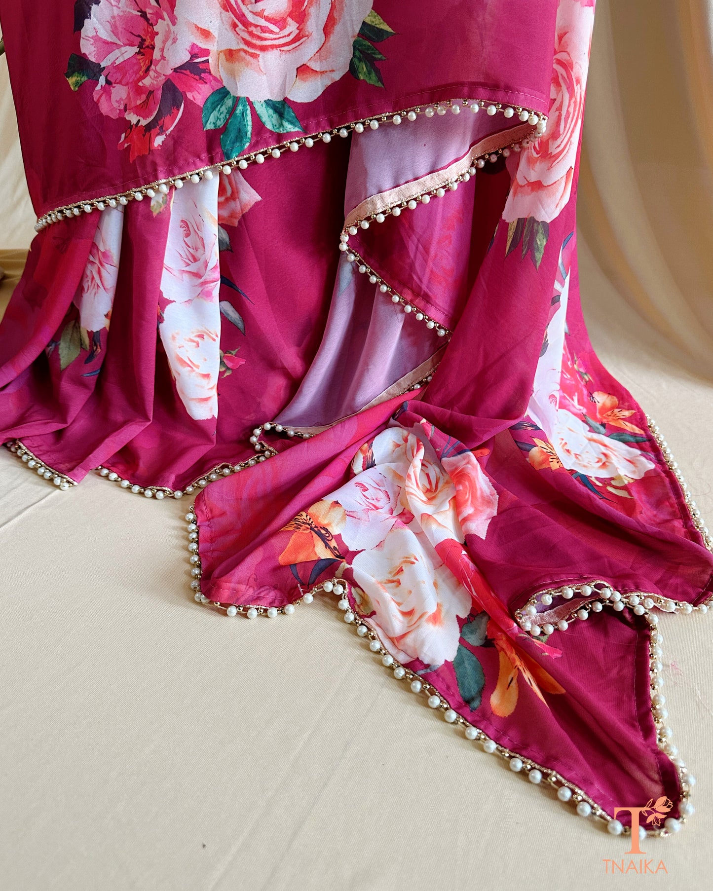 Georgette Pearl Bloom Saree - Wine