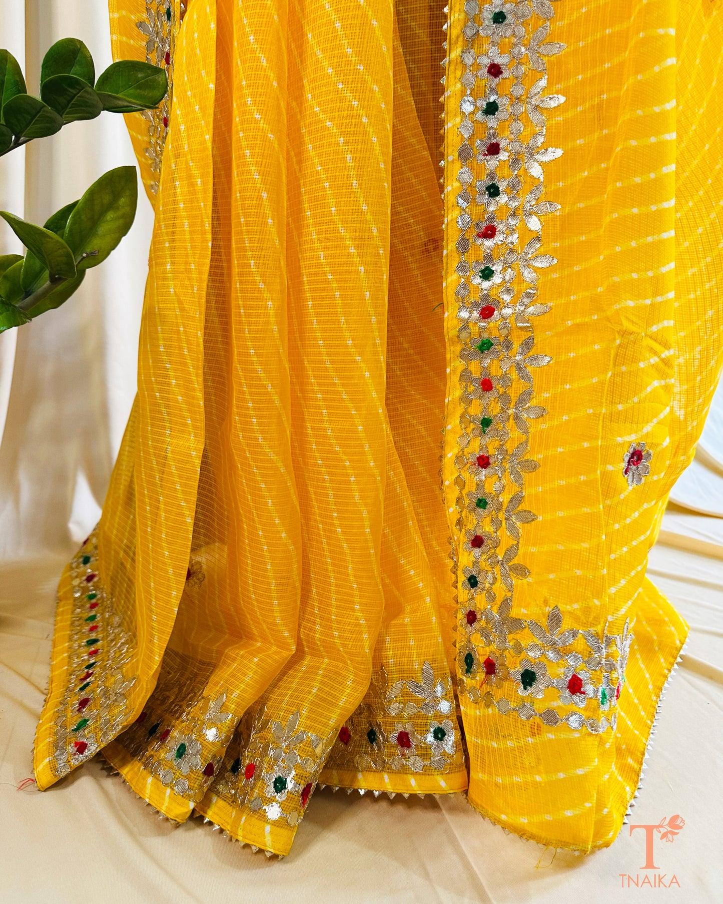 Handcrafted Kota Doria saree with delicate Gotta Patti embroidery and colorful Leheriya pattern