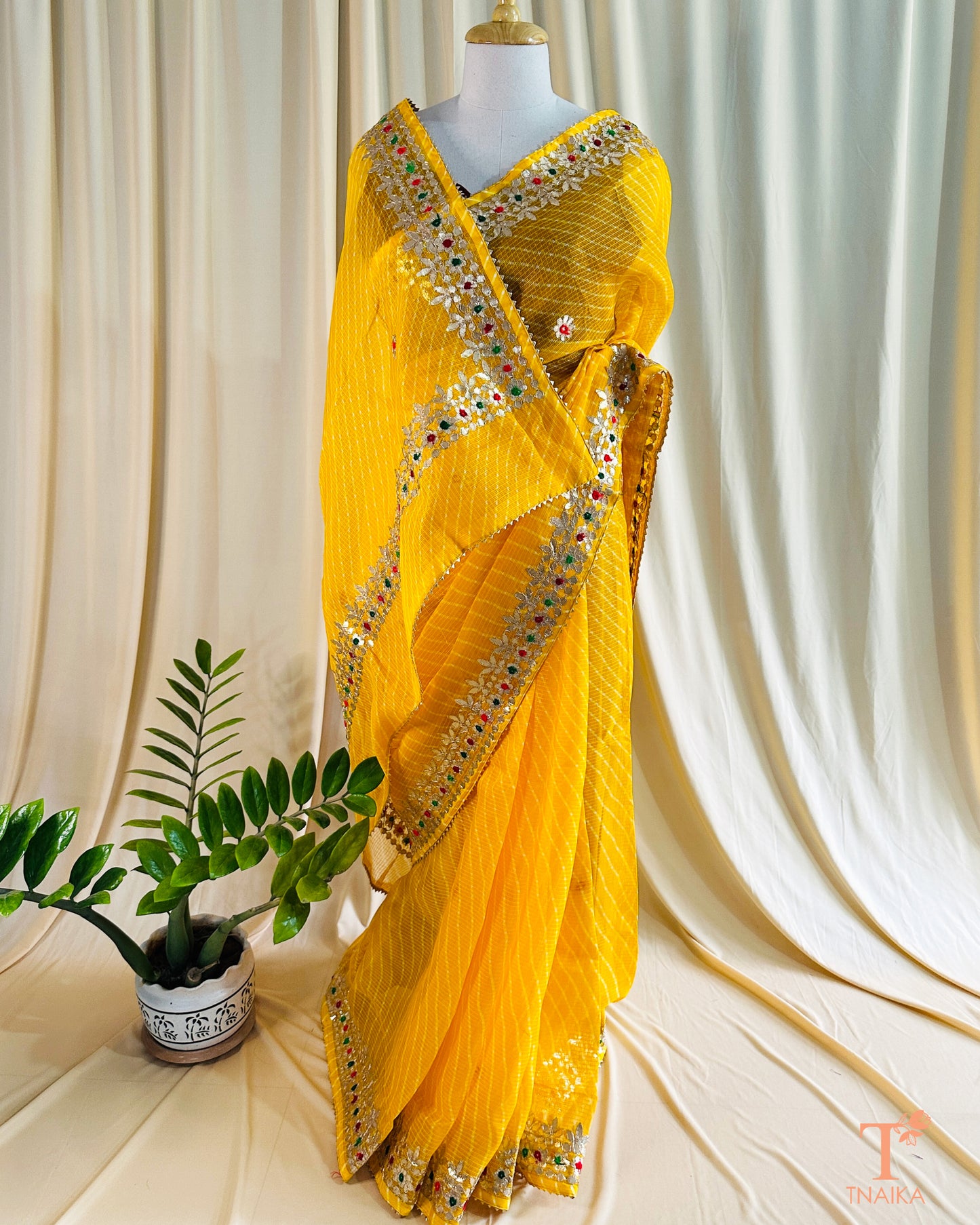 Rajasthani Leheriya Kota Doria saree with shimmering Gotta Patti accents and contrast border