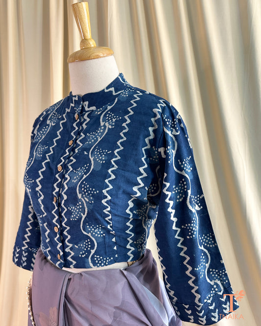 Non-padded cotton blouse featuring intricate block prints and 3/4 sleeves.