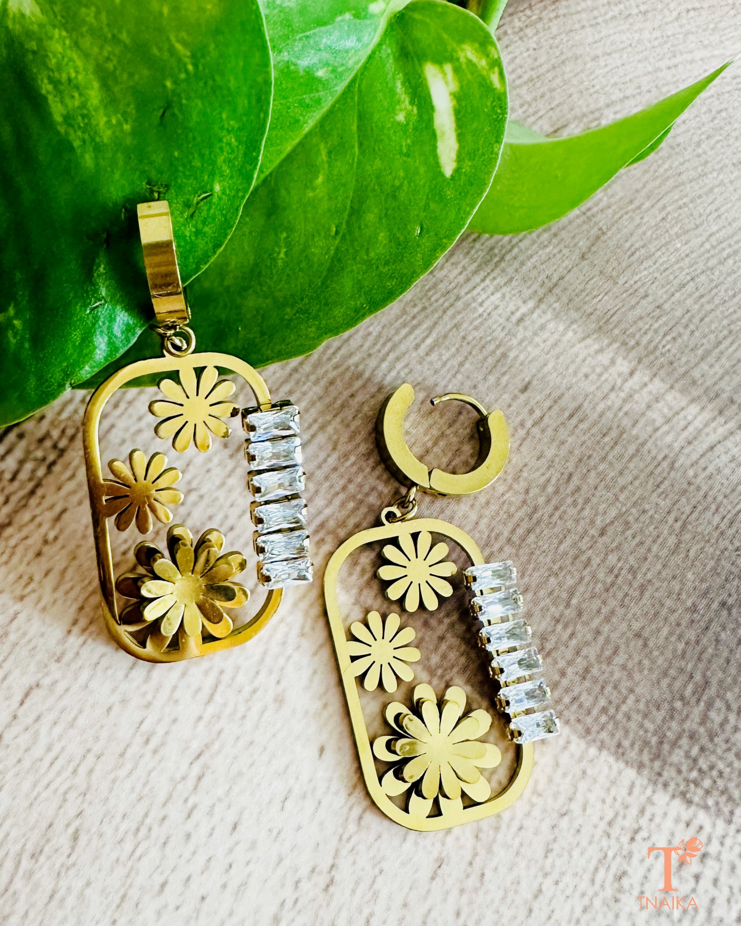 Stainless steel floral drop earrings with zirconia sparkle accents