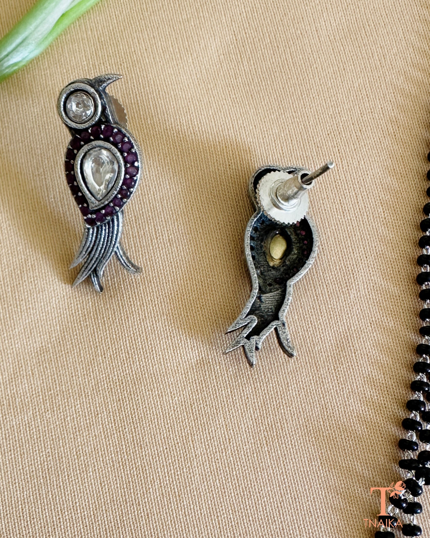 Artistic bird design oxidised mangalsutra with antique silver finish and stone accents