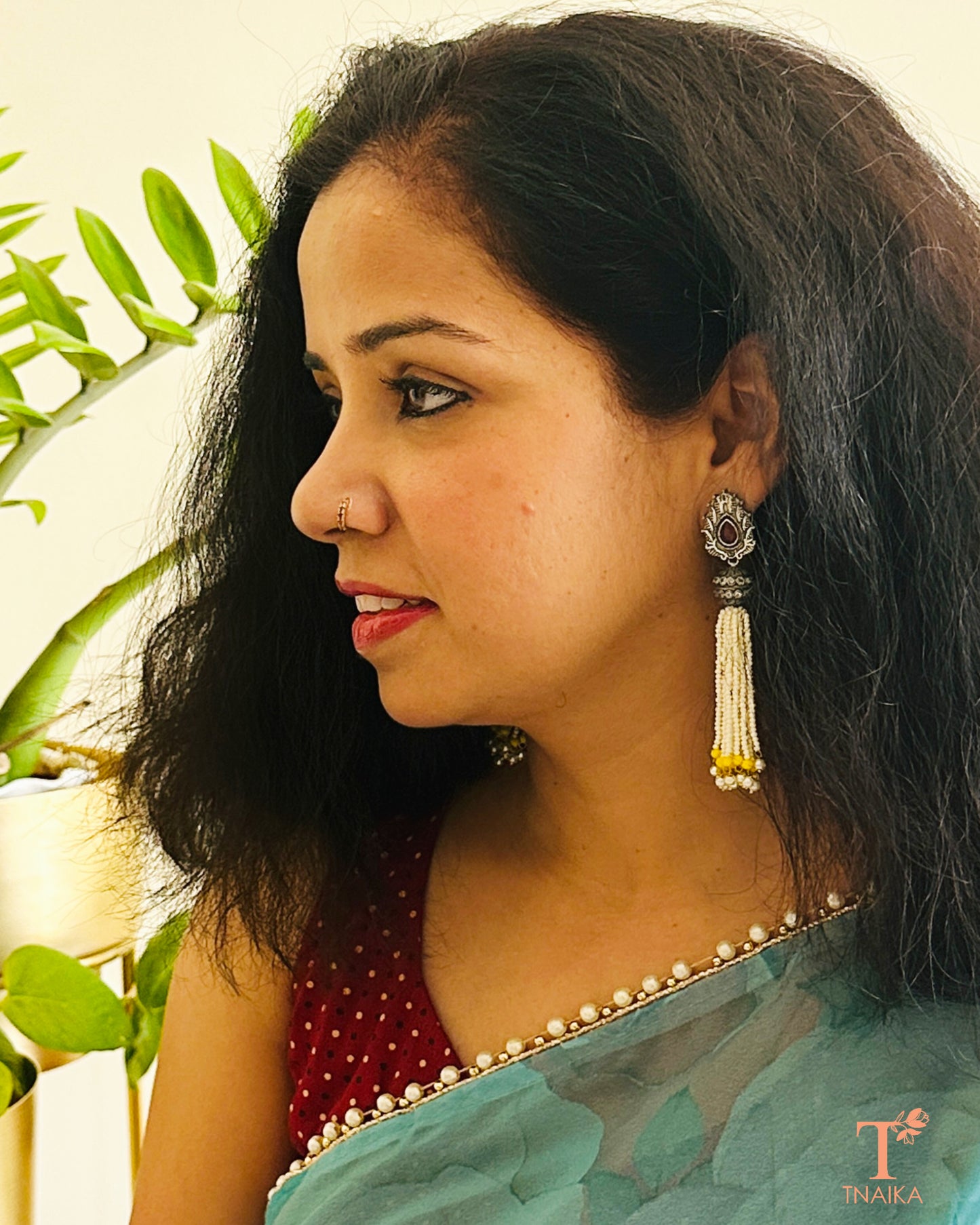 Handcrafted Meenakari oxidised earrings with delicate chain drops