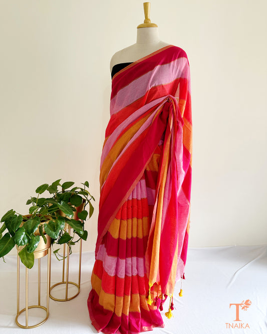 Lightweight khadi cotton saree in multicolor shades, easy to style for everyday and festive casual looks.