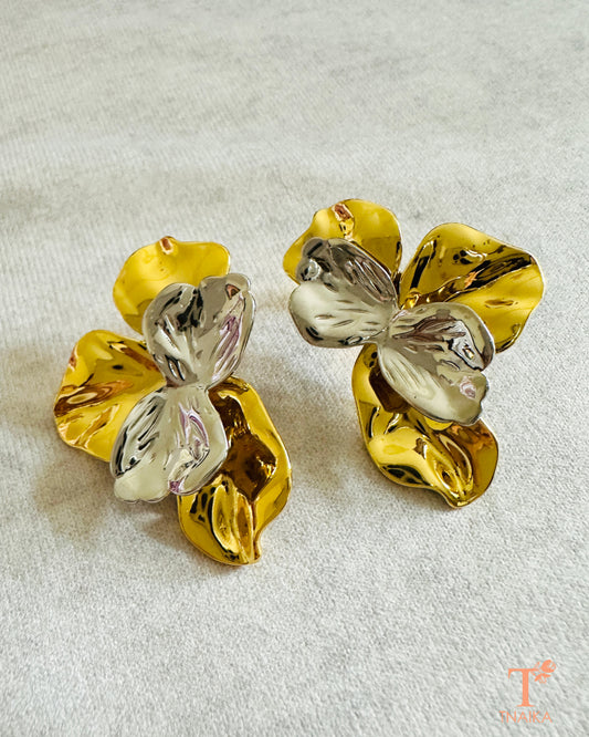 Gold and silver dual tone flower earrings with glossy finish, anti-tarnish statement studs.