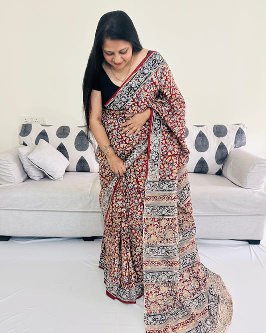 Handblock printed Chennur silk Kalamkari saree with detailed motifs