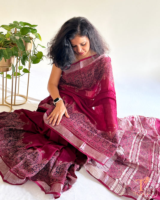 handcrafted cotton slub linen saree with traditional floral motifs