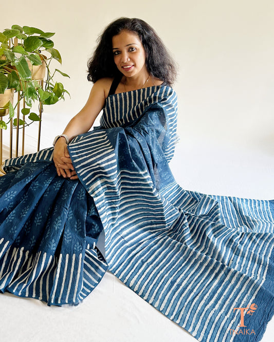 artisan indigo cotton saree draped on model