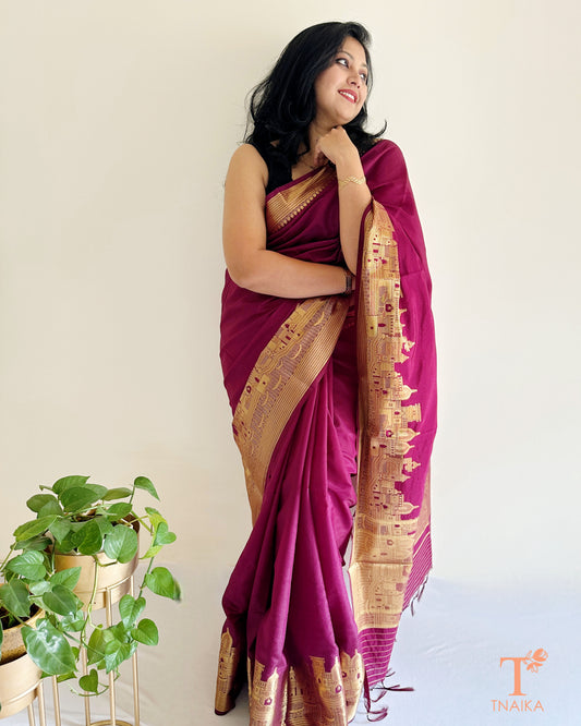 rani pink crepe silk saree with heritage zari border