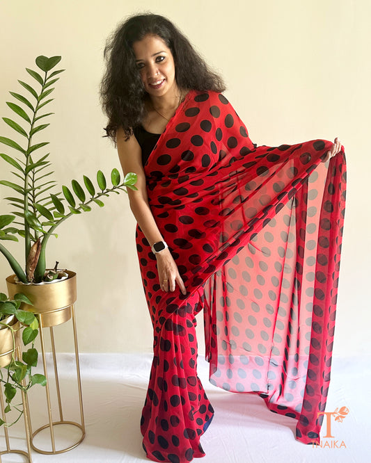 retro style big polka dot georgette saree